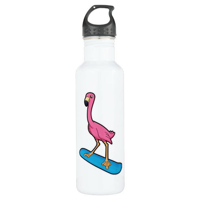 Flamingo als Snowboarder mit Snowbaord Edelstahlflasche (Vorderseite)