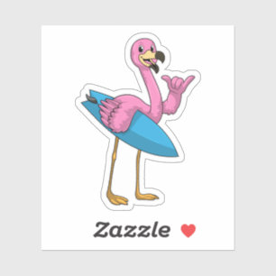 Flamingo als Surfer mit Surfboard Aufkleber