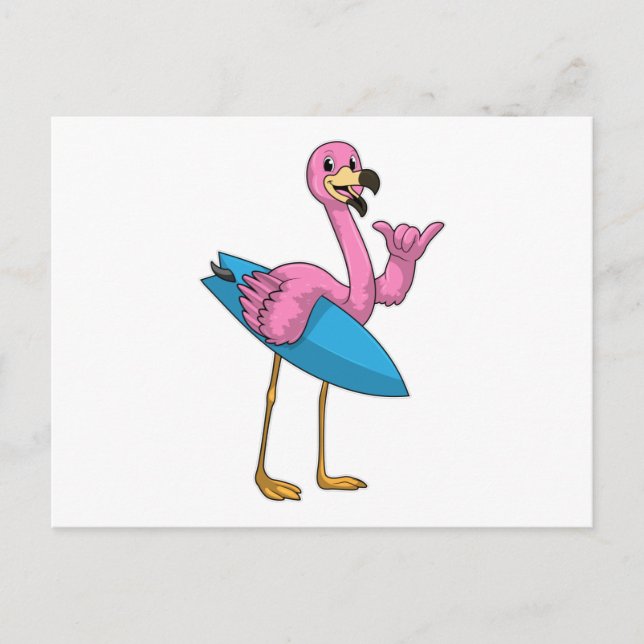 Flamingo als Surfer mit Surfboard Postkarte (Vorderseite)