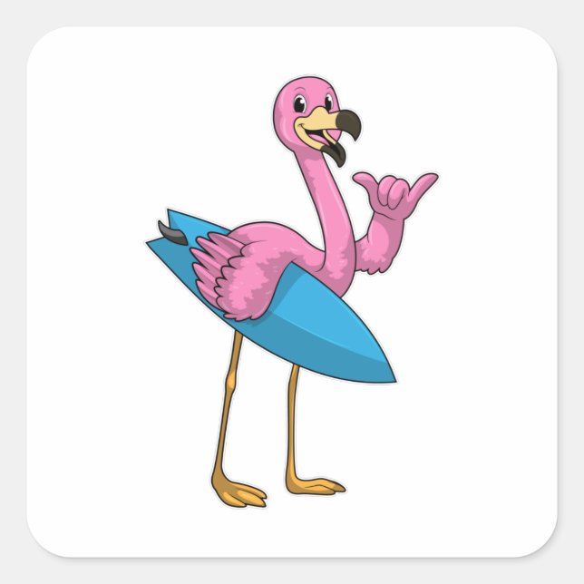 Flamingo als Surfer mit Surfboard Quadratischer Aufkleber (Vorderseite)