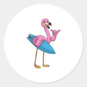 Flamingo als Surfer mit Surfboard Runder Aufkleber