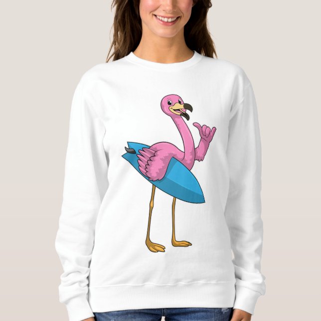 Flamingo als Surfer mit Surfboard Sweatshirt (Vorderseite)