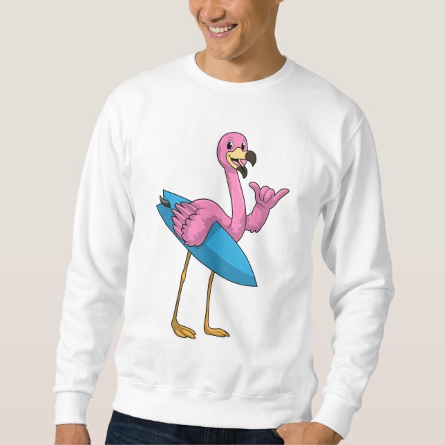 Flamingo als Surfer mit Surfboard Sweatshirt (Vorderseite)