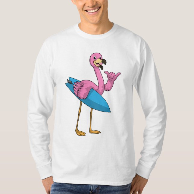 Flamingo als Surfer mit Surfboard T-Shirt (Vorderseite)