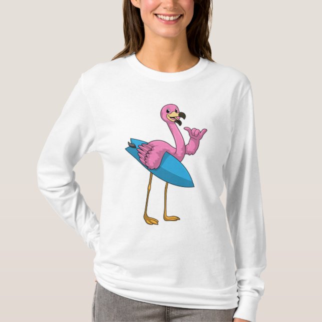 Flamingo als Surfer mit Surfboard T-Shirt (Vorderseite)