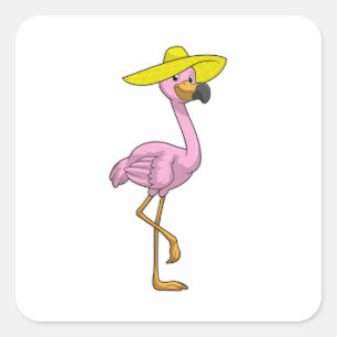 Flamingo am Strand mit Hat Quadratischer Aufkleber