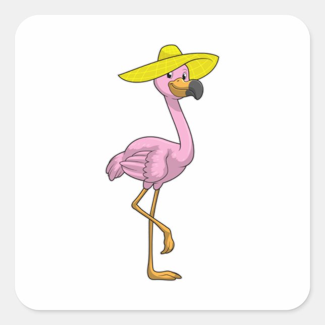 Flamingo am Strand mit Hat Quadratischer Aufkleber (Vorderseite)