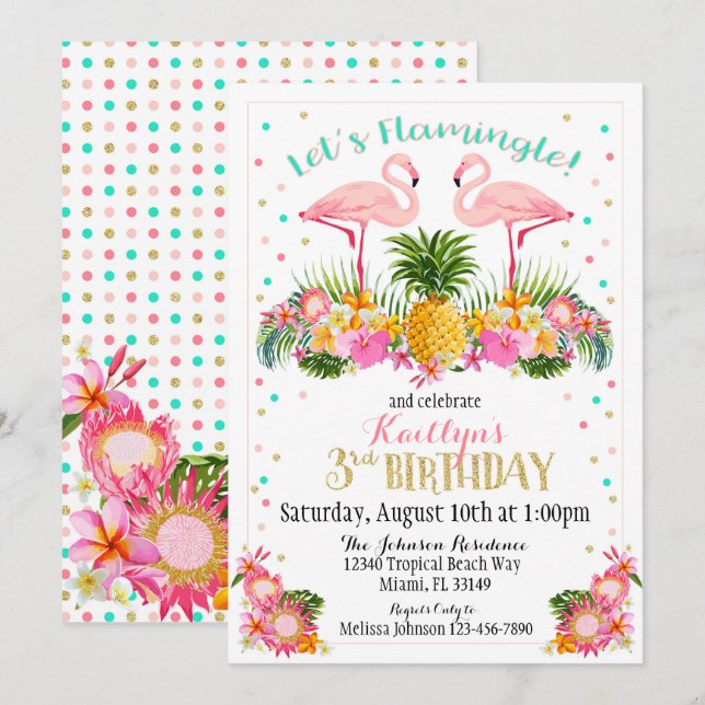 Flamingo-Ananas und tropischer Blumengeburtstag Einladung (Vorne/Hinten)
