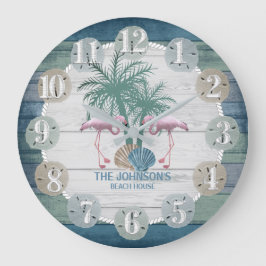 Flamingo and Beach Wood Nautical - Dark Blue Teal Große Wanduhr