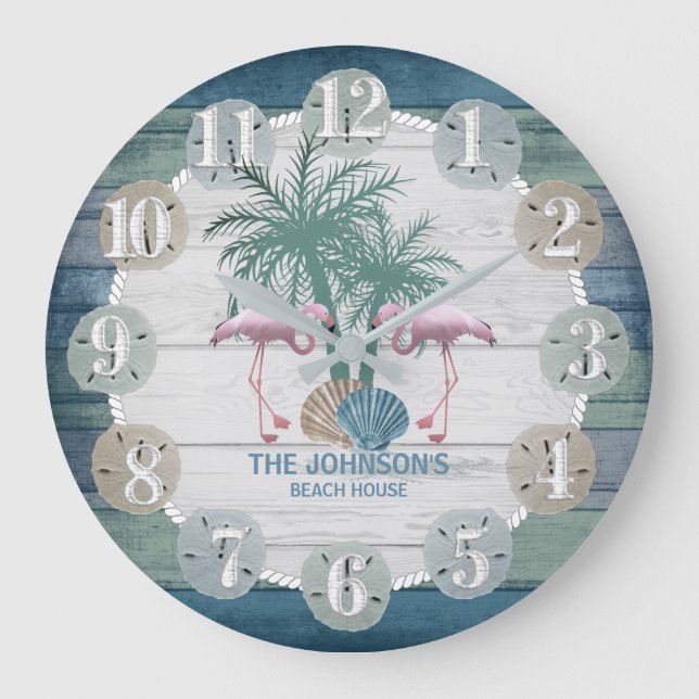 Flamingo and Beach Wood Nautical - Dark Blue Teal Große Wanduhr (Vorderseite)