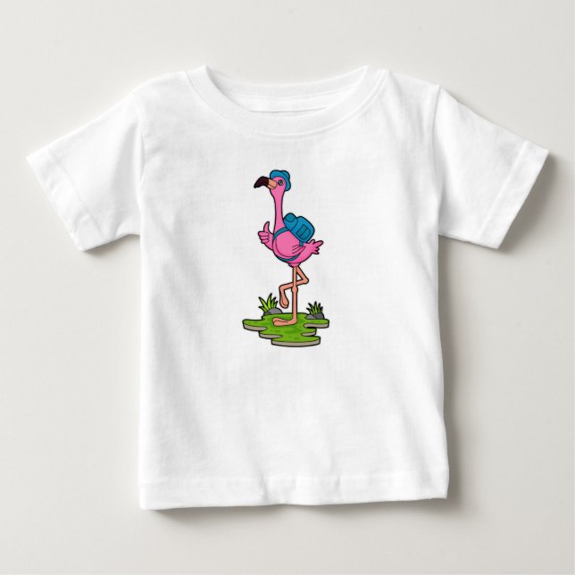 Flamingo as Hiker with Backpack Baby T-shirt (Vorderseite)