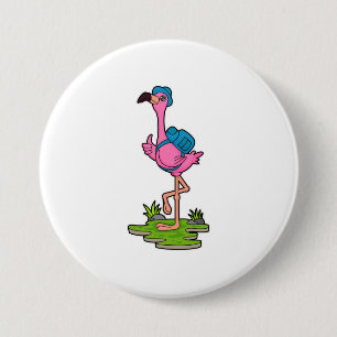 Flamingo as Hiker with Backpack Button