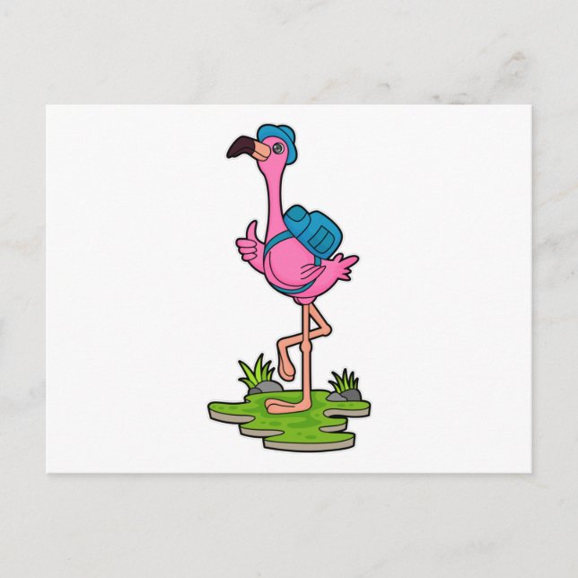 Flamingo as Hiker with Backpack Postkarte (Vorderseite)