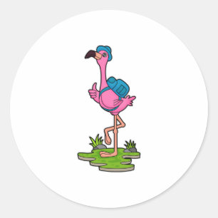Flamingo as Hiker with Backpack Runder Aufkleber