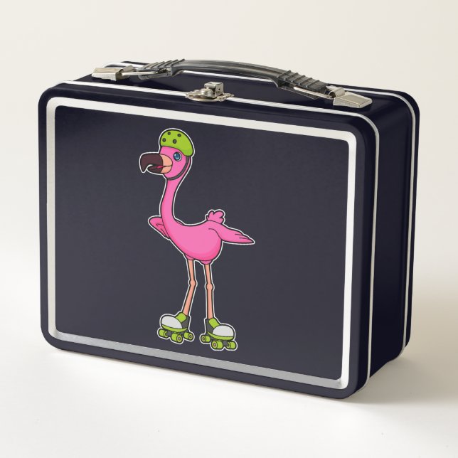 Flamingo as Skater with Roller skates & Helmet Metall Brotdose (Vorderseite)