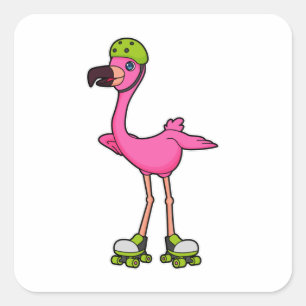 Flamingo as Skater with Roller skates & Helmet Quadratischer Aufkleber