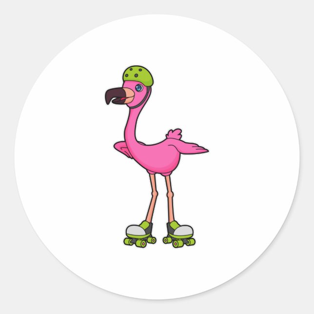 Flamingo as Skater with Roller skates & Helmet Runder Aufkleber (Vorderseite)