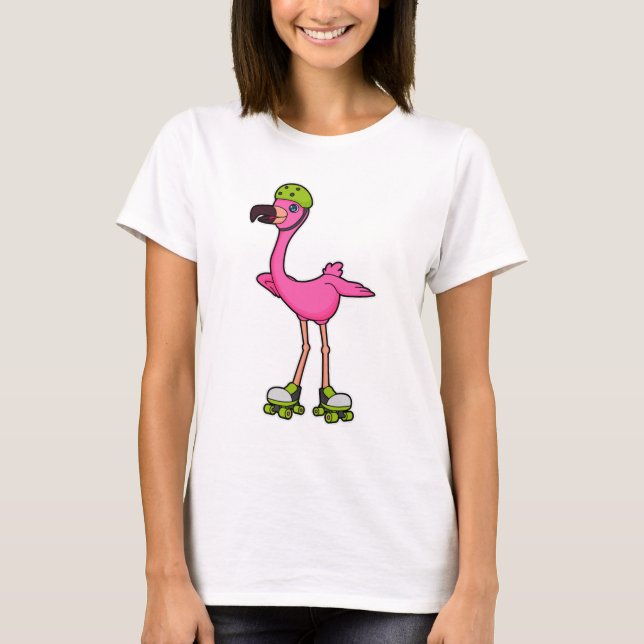 Flamingo as Skater with Roller skates & Helmet T-Shirt (Vorderseite)