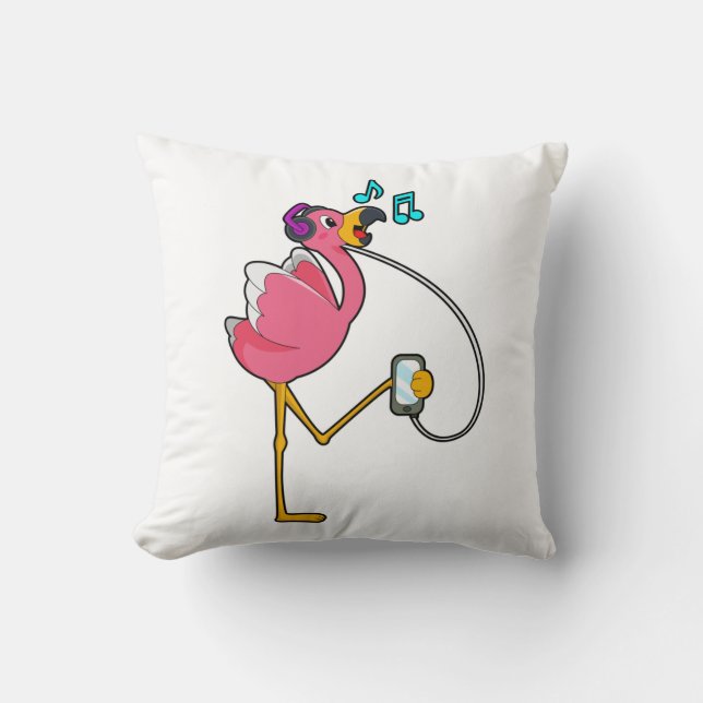 Flamingo at Music with Headphone Kissen (Vorderseite)