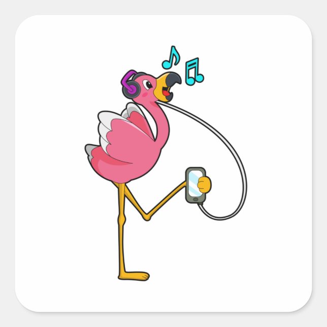 Flamingo at Music with Headphone Quadratischer Aufkleber (Vorderseite)