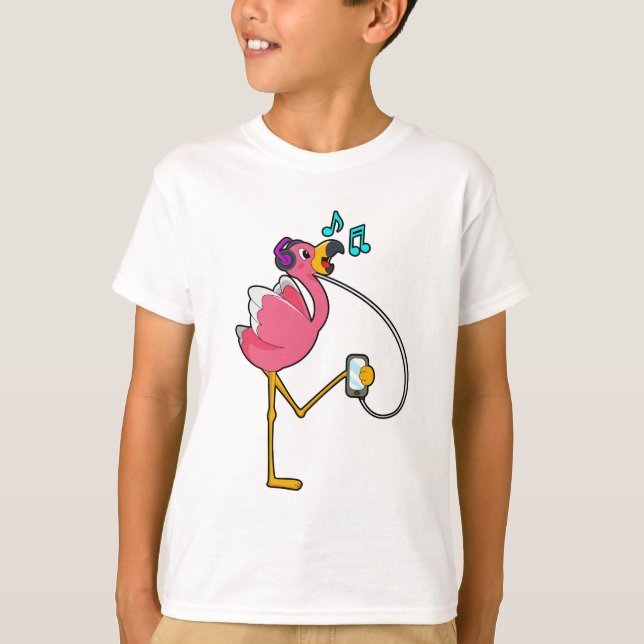 Flamingo at Music with Headphone T-Shirt (Vorderseite)