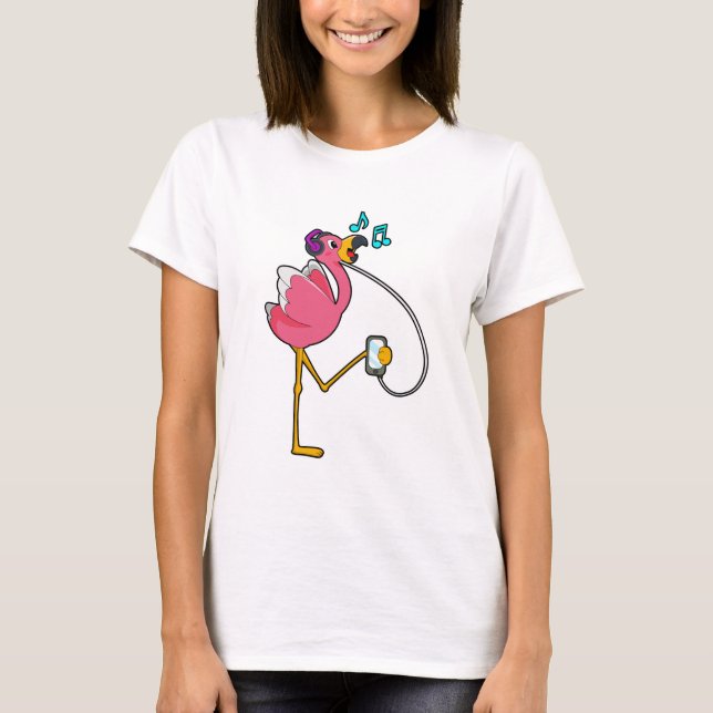Flamingo at Music with Headphone T-Shirt (Vorderseite)