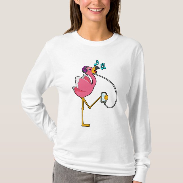 Flamingo at Music with Headphone T-Shirt (Vorderseite)