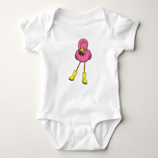 Flamingo at Raining with Rubber boots Baby Strampler (Vorderseite)