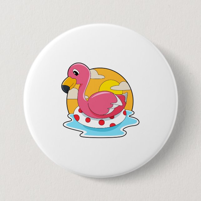 Flamingo at Swimming with Lifebuoy Button (Vorderseite)