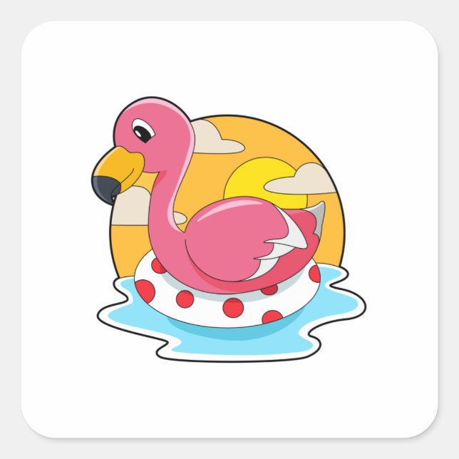 Flamingo at Swimming with Lifebuoy Quadratischer Aufkleber (Vorderseite)