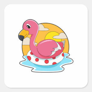 Flamingo at Swimming with Lifebuoy Quadratischer Aufkleber