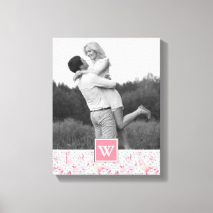 Flamingo auf Polka Dots   Foto mit Monogramm Leinwanddruck