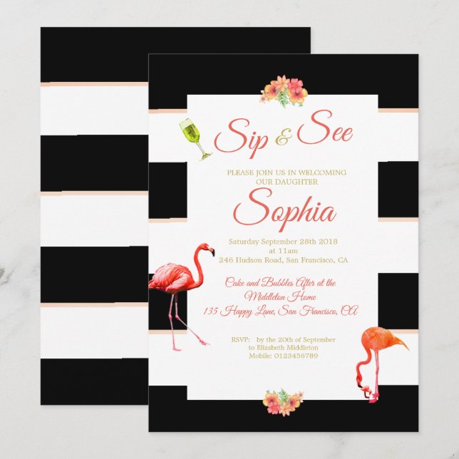 Flamingo Baby Black Pink Strip Sipe und sehen Sie Einladung (Vorne/Hinten)