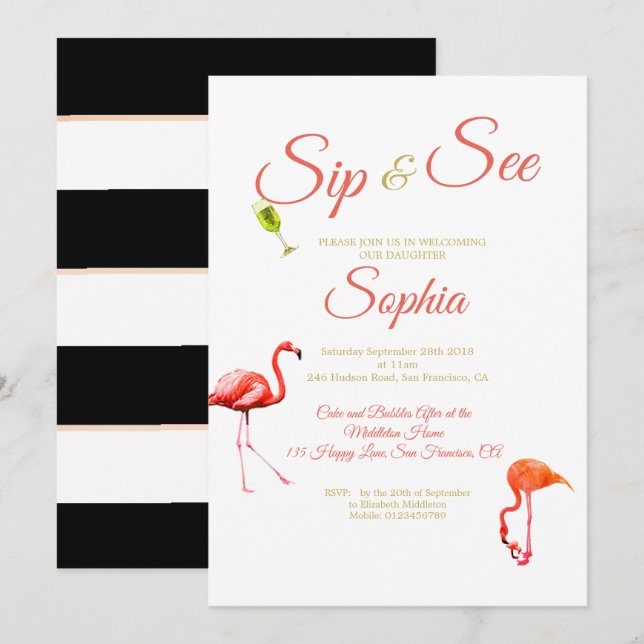 Flamingo Baby Black Strip Sip und sehen Einladung (Vorne/Hinten)