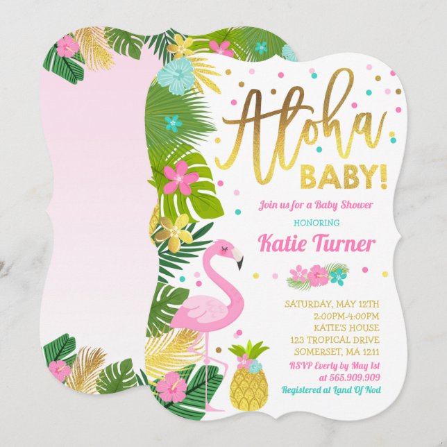 Flamingo Baby Dusche Einladung Tropische Dusche (Vorne/Hinten)