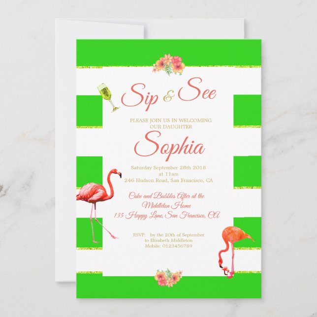 Flamingo Baby Non Gender Green Strip Sip und siehe Einladung (Vorderseite)