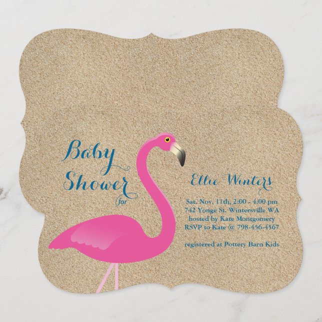 Flamingo Baby Shower Einladung - Beach Sand (Vorne/Hinten)