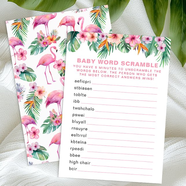 Flamingo Baby Shower Word Scramble Game Begleitkarte (Tropical Baby Shower Game)