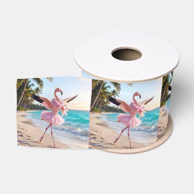 Flamingo Ballerina In a Pink Tutu On the Beach Ripsband (Spule)