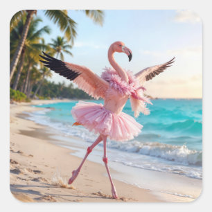 Flamingo-Ballerina in einem rosa Tutu am Strand Quadratischer Aufkleber