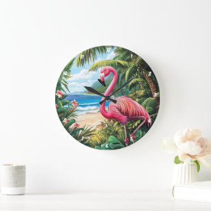 Flamingo Beach Tropical Große Wanduhr