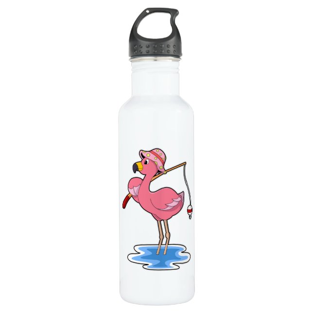 Flamingo beim Angeln mit Angelstab Edelstahlflasche (Vorderseite)
