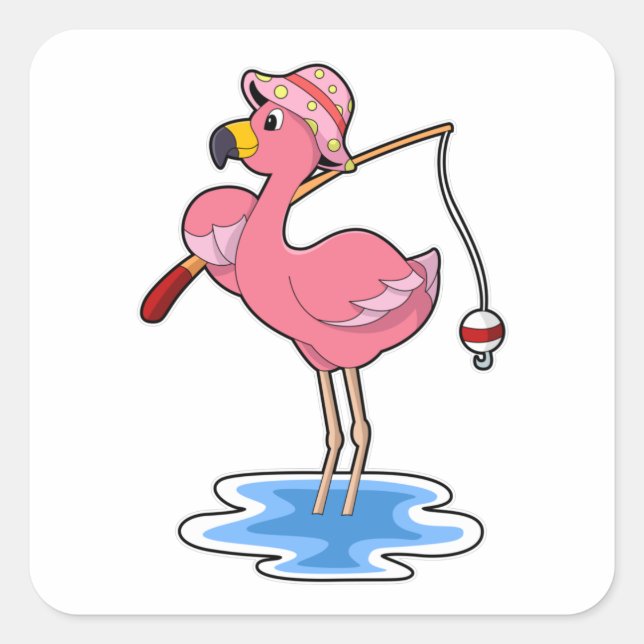 Flamingo beim Angeln mit Angelstab Quadratischer Aufkleber (Vorderseite)