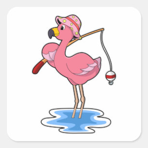 Flamingo beim Angeln mit Angelstab Quadratischer Aufkleber