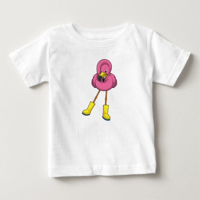 Flamingo beim Regen mit Gummistiefeln Baby T-shirt (Vorderseite)