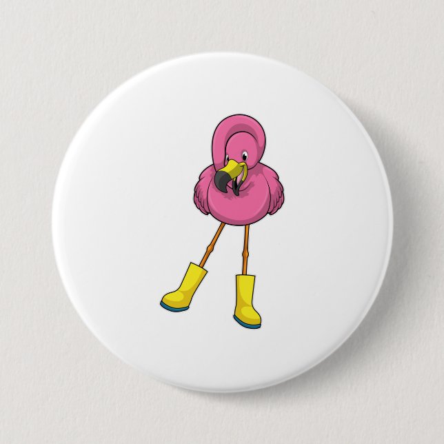 Flamingo beim Regen mit Gummistiefeln Button (Vorderseite)