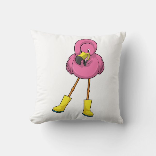 Flamingo beim Regen mit Gummistiefeln Kissen (Vorderseite)