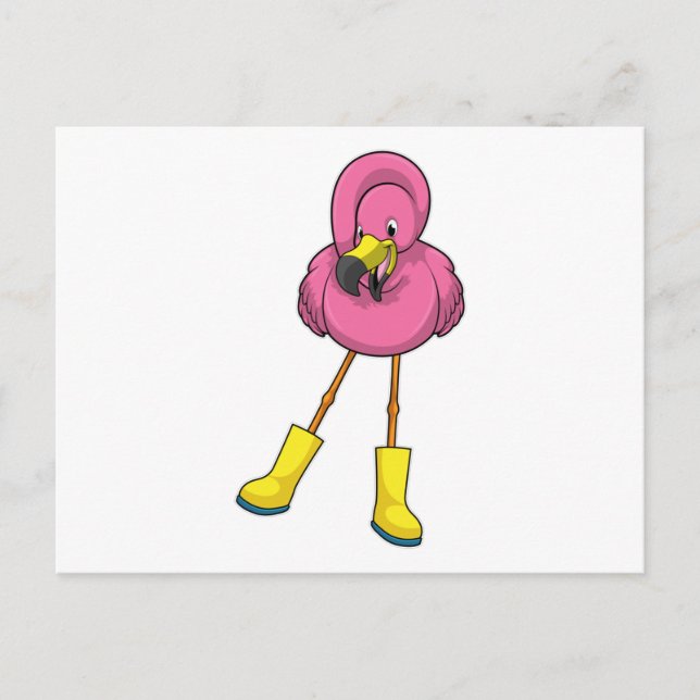 Flamingo beim Regen mit Gummistiefeln Postkarte (Vorderseite)
