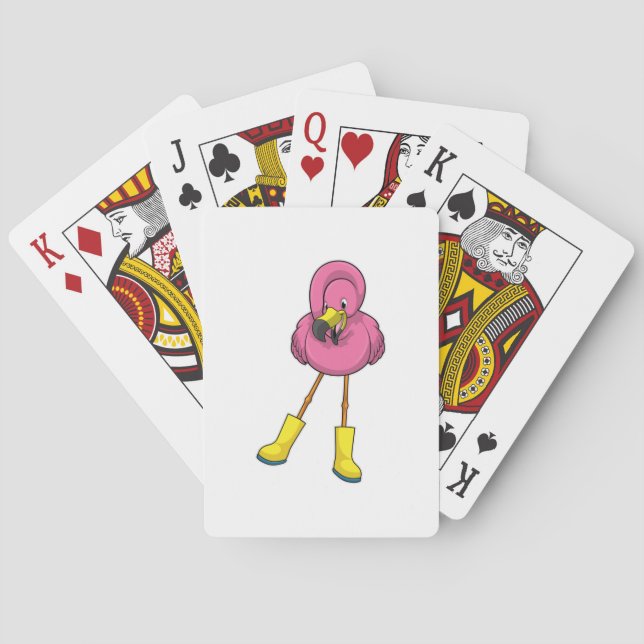 Flamingo beim Regen mit Gummistiefeln Spielkarten (Rückseite)