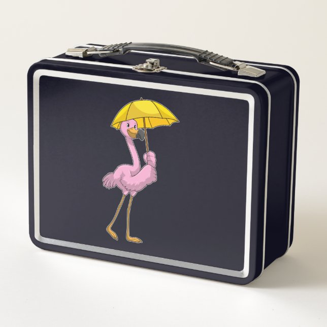 Flamingo beim Regen mit Regenschirm Metall Brotdose (Vorderseite)